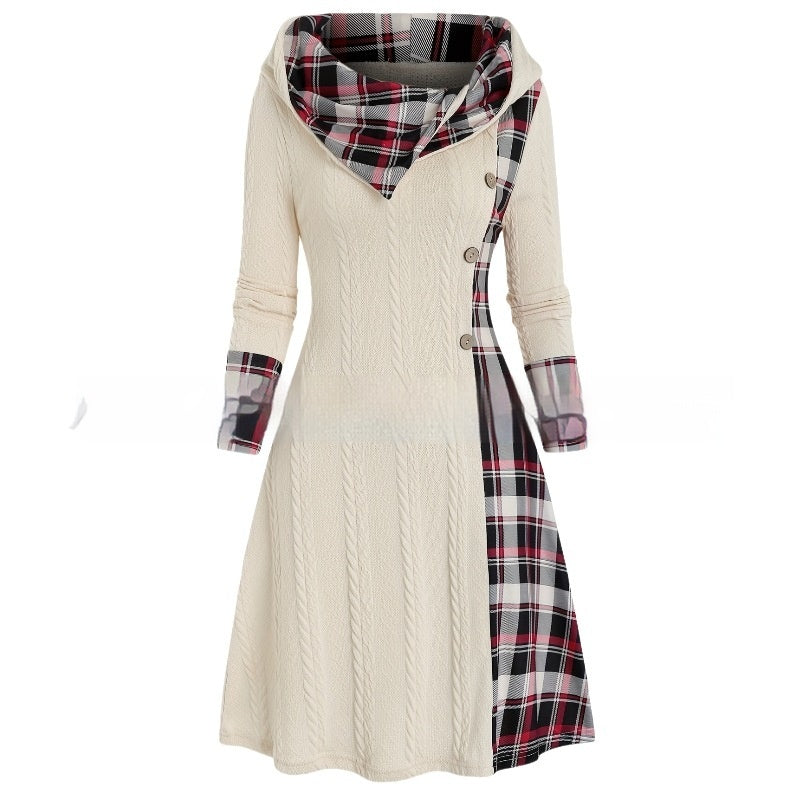 European And American Knitted Hooded Dress Plaid Printed Dropshipman