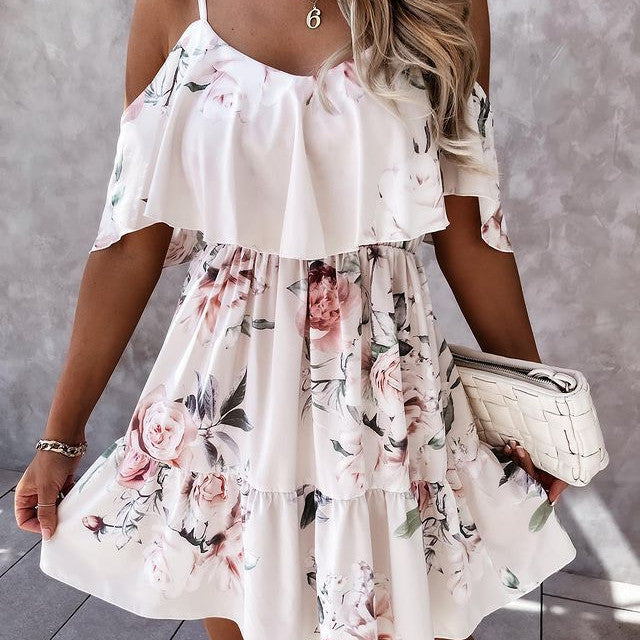 Spaghetti-strap Floral Print Elastic Waist New Loose Dress Dropshipman