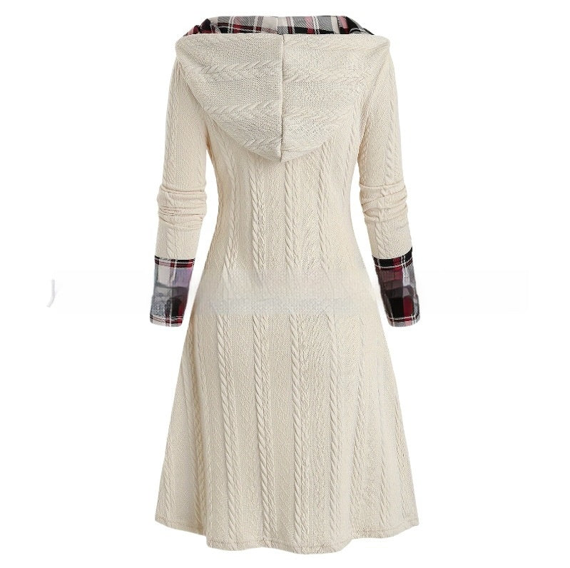 European And American Knitted Hooded Dress Plaid Printed Dropshipman