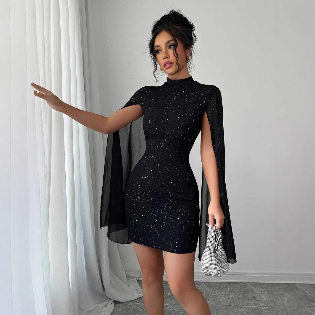 Dress Shiny Printing Turtleneck Lantern Sleeve Skinny Hip Skirt Dropshipman