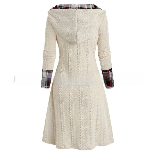 European And American Knitted Hooded Dress Plaid Printed