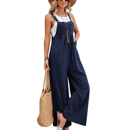 Women's Solid Color Casual Suspender Trouser Jumpsuit