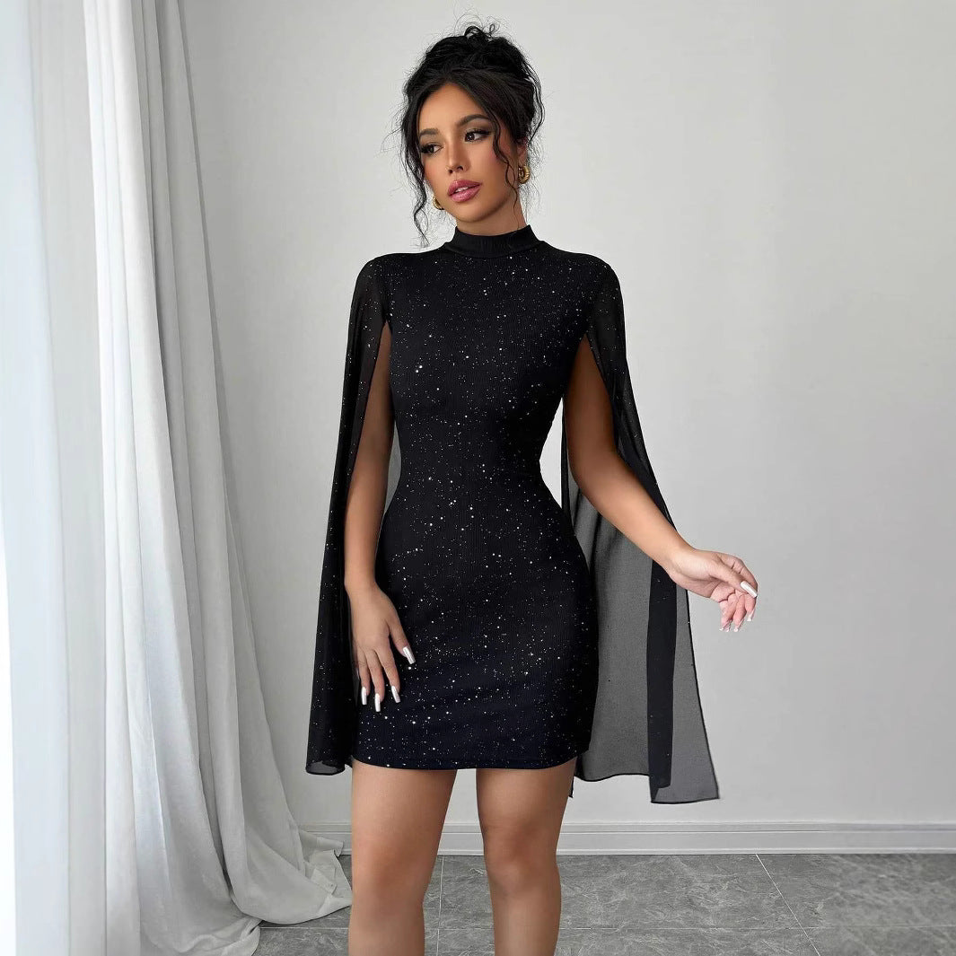 Dress Shiny Printing Turtleneck Lantern Sleeve Skinny Hip Skirt Dropshipman
