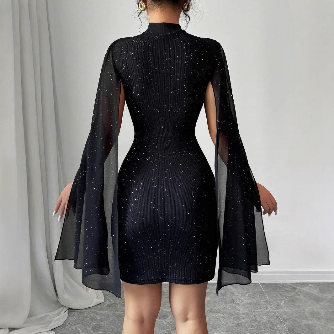 Dress Shiny Printing Turtleneck Lantern Sleeve Skinny Hip Skirt Dropshipman